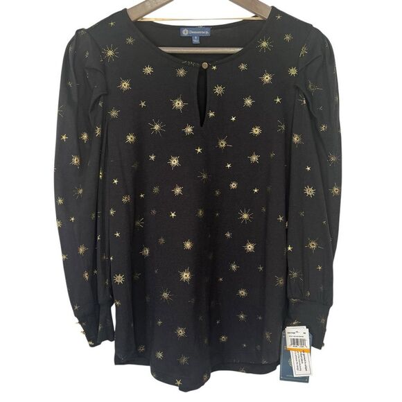 Democracy Gold Sunbursts Top Womens Small Black 3/4 Sleeve Pullover Blouse - Picture 1 of 7